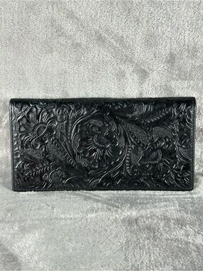 Tooled Black Leather Bifold Womens Wallet Checkbook Cover RFID Blocking New